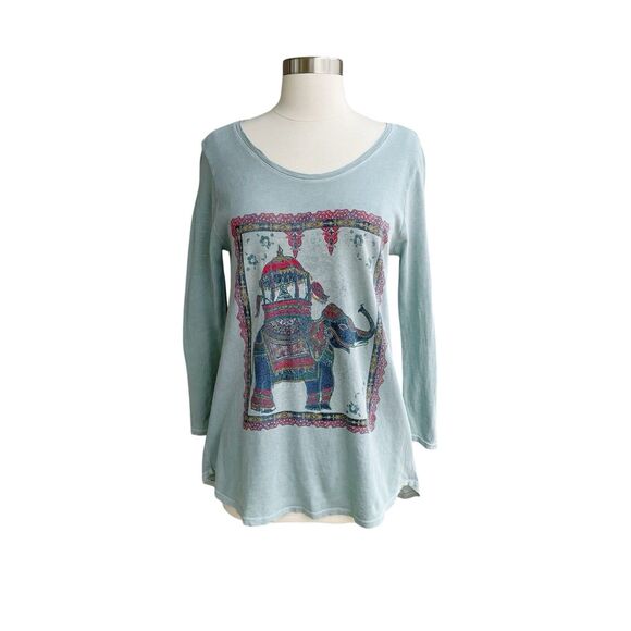 Lucky Brand Top S Elephant Ride Boho Graphic Print Pullover 3/4 Sleeve Knit Tee - Picture 1 of 9